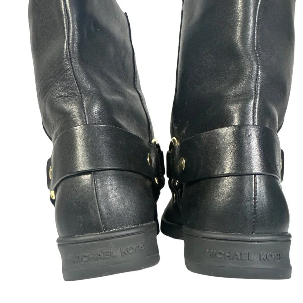 MICHAEL KORS ESSEX ICONIC BLACK GOLD LOGO MOTO BIKER BOOTS Size 7M - Picture 9 of 12